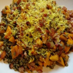Linsen, Kürbis, Speck, Eigelb 2